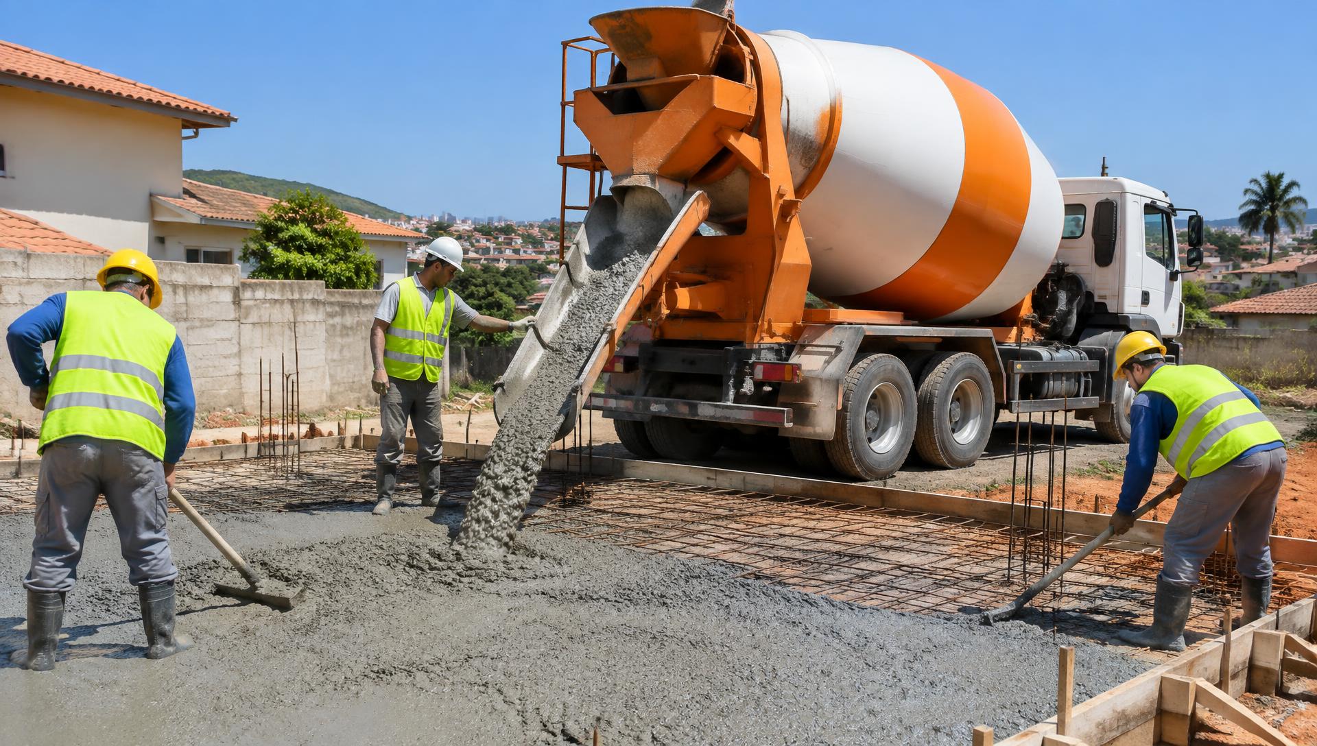 Caminhão betoneira concretando laje em obra